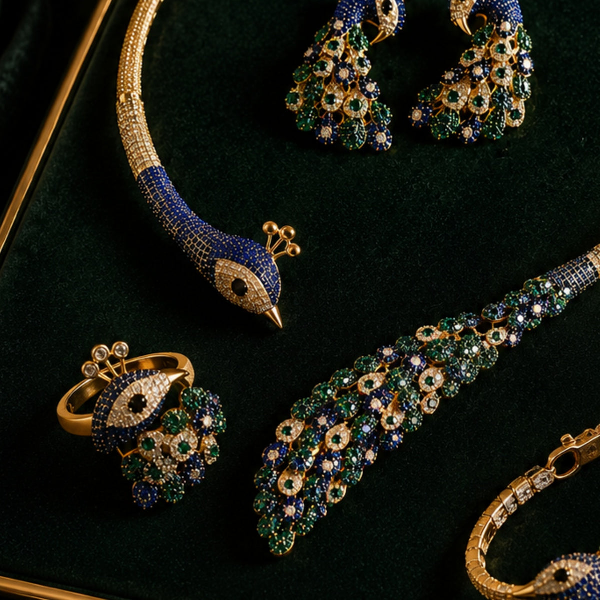 Royal Peacock Statement Jewelry Set | Nano setting Necklace, Earrings , bracelet & Adjustable Ring Set for Women