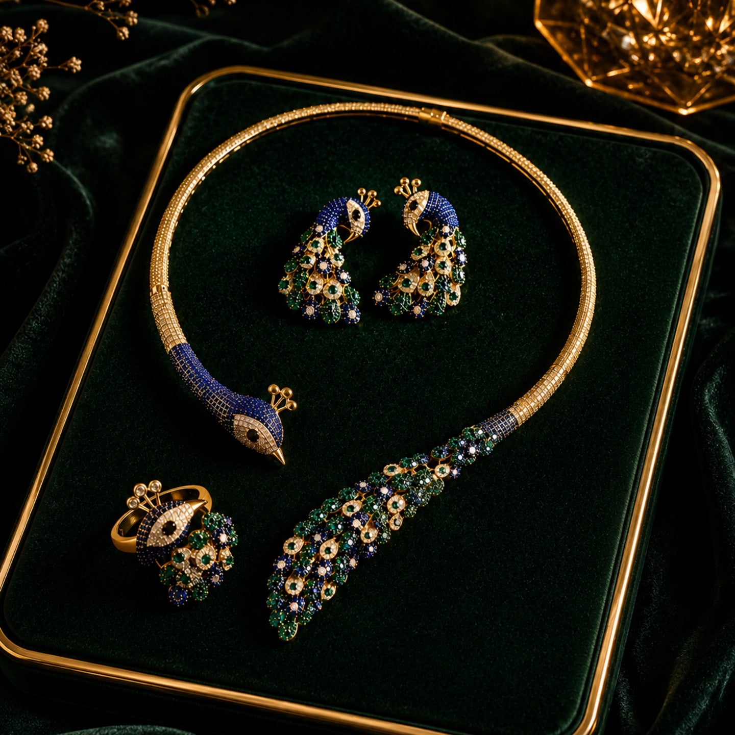 Royal Peacock Statement Jewelry Set | Nano setting Necklace, Earrings , bracelet & Adjustable Ring Set for Women