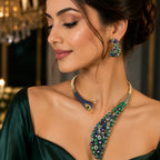 Royal Peacock Statement Jewelry Set | Nano setting Necklace, Earrings , bracelet & Adjustable Ring Set for Women
