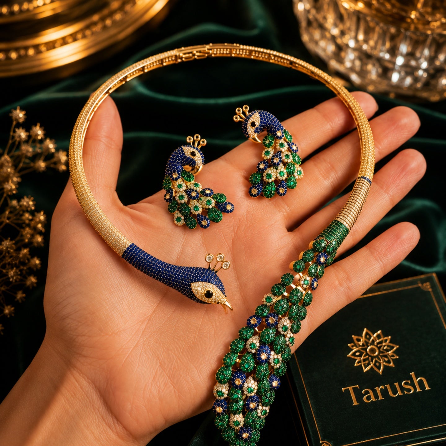 Royal Peacock Statement Jewelry Set | Nano setting Necklace, Earrings , bracelet & Adjustable Ring Set for Women