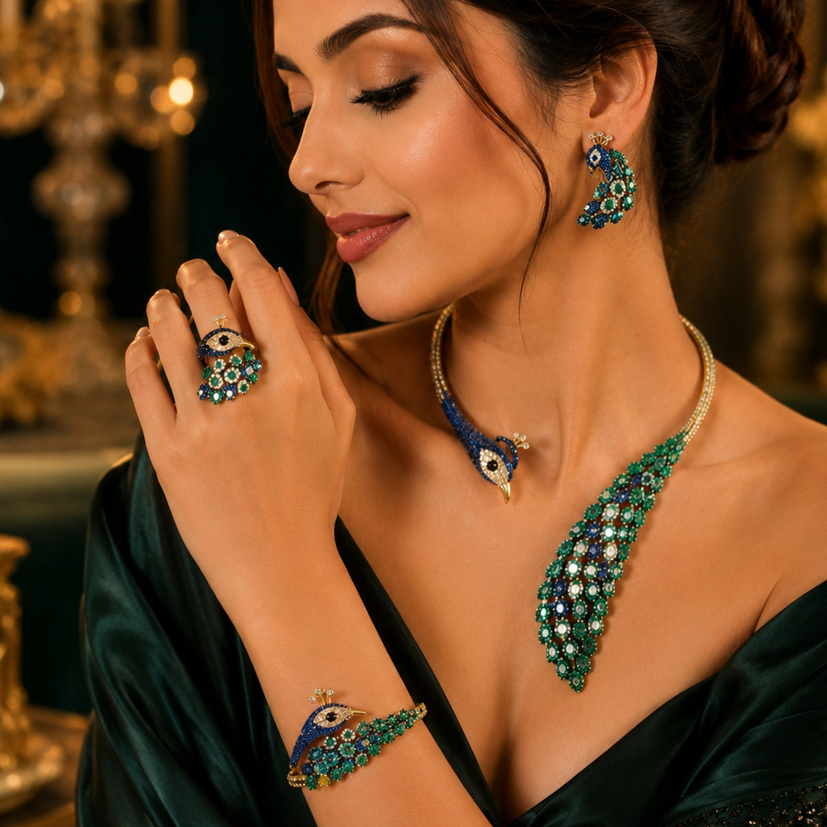Royal Peacock Statement Jewelry Set | Nano setting Necklace, Earrings , bracelet & Adjustable Ring Set for Women