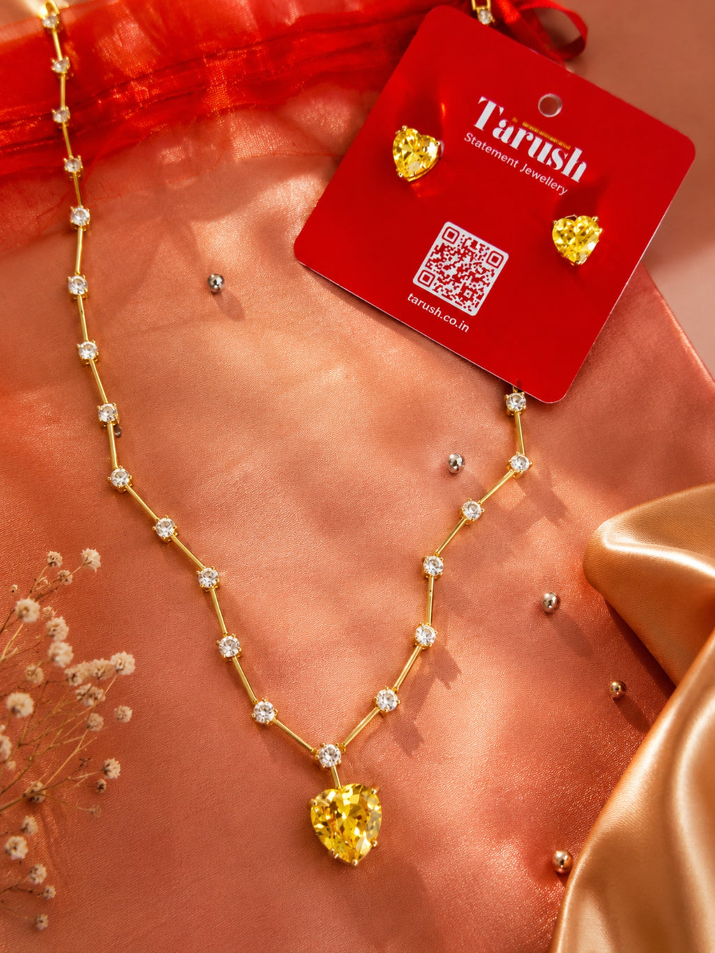 Yellow Diamond Look - Heart Jewelry Set | Stainless Steel Anti Tarnish Necklace, Earrings & Ring Set