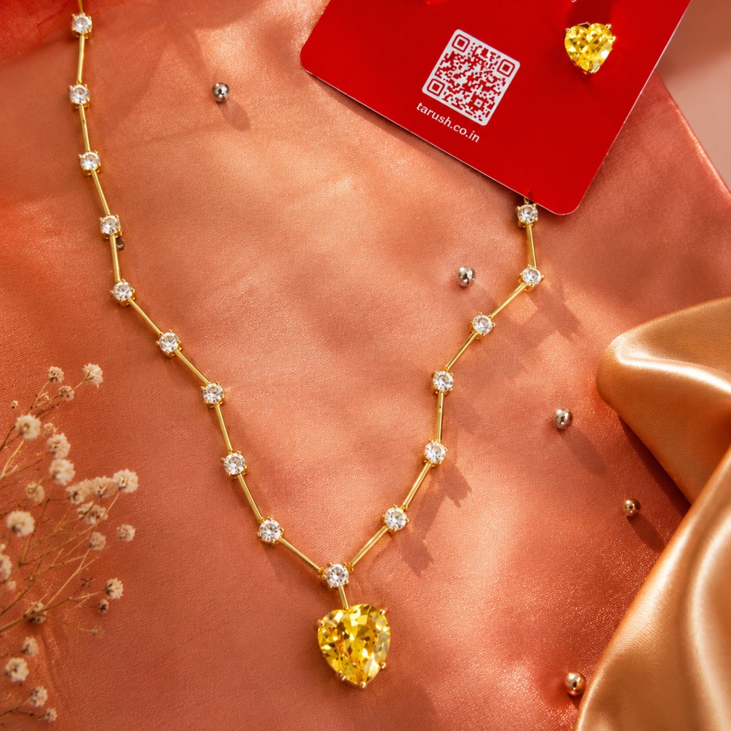 Yellow Diamond Look - Heart Jewelry Set | Stainless Steel Anti Tarnish Necklace, Earrings & Ring Set