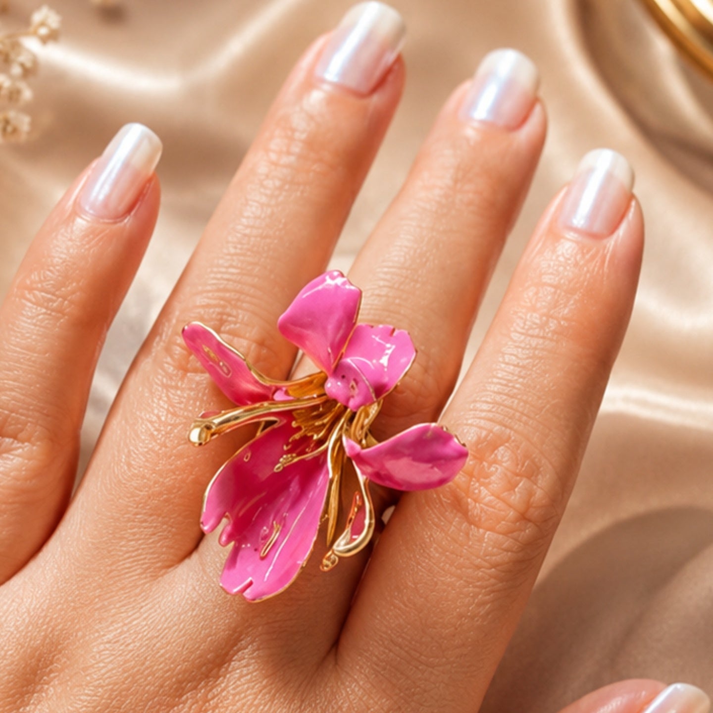 Pink Orchid Flower Statement Ring | Stainless Steel Anti Tarnish Adjustable Ring for Women