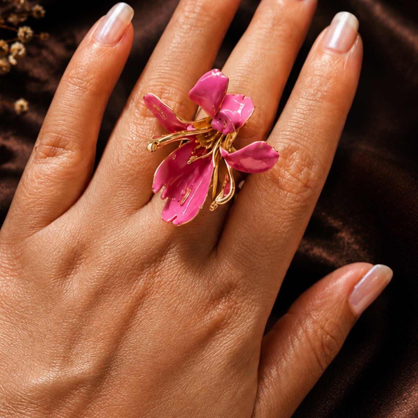 Pink Orchid Flower Statement Ring | Stainless Steel Anti Tarnish Adjustable Ring for Women