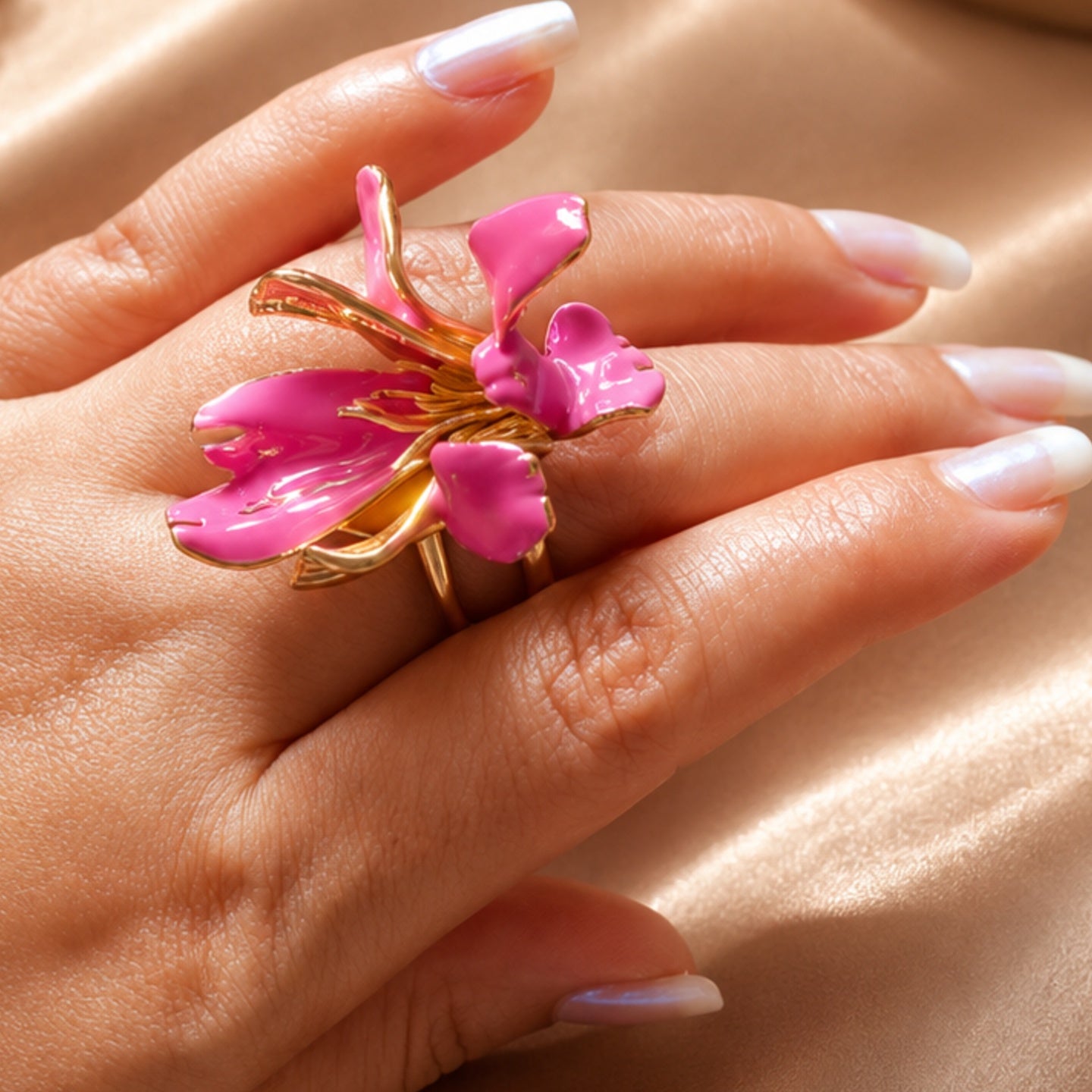 Pink Orchid Flower Statement Ring | Stainless Steel Anti Tarnish Adjustable Ring for Women