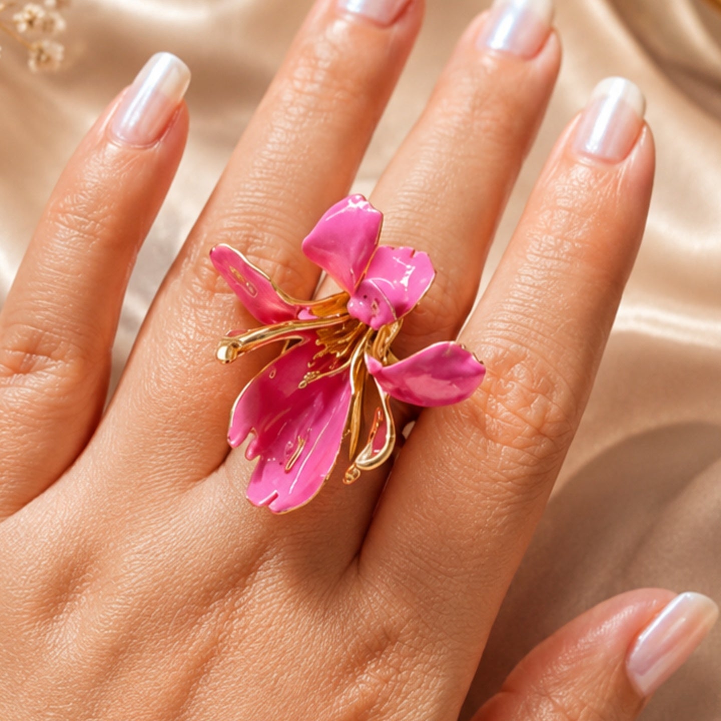Pink Orchid Flower Statement Ring | Stainless Steel Anti Tarnish Adjustable Ring for Women