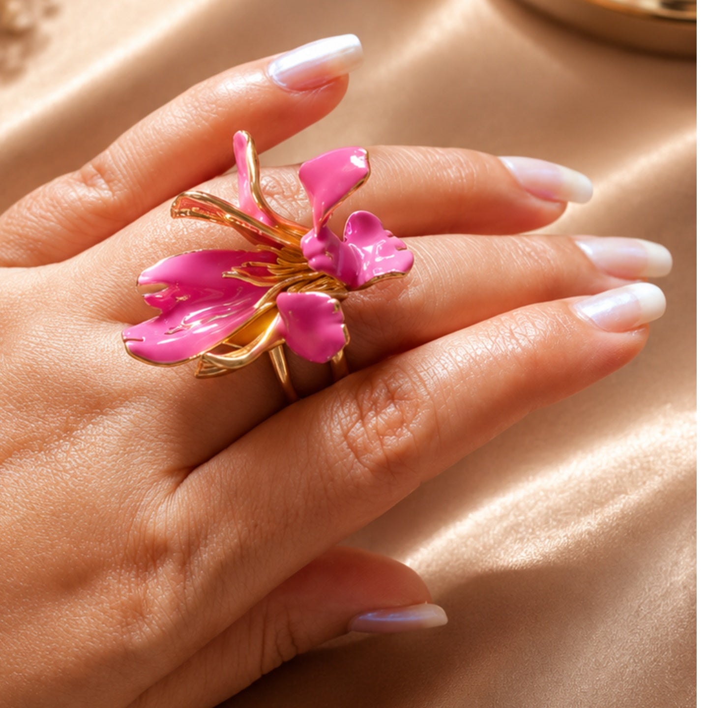 Pink Orchid Flower Statement Ring | Stainless Steel Anti Tarnish Adjustable Ring for Women