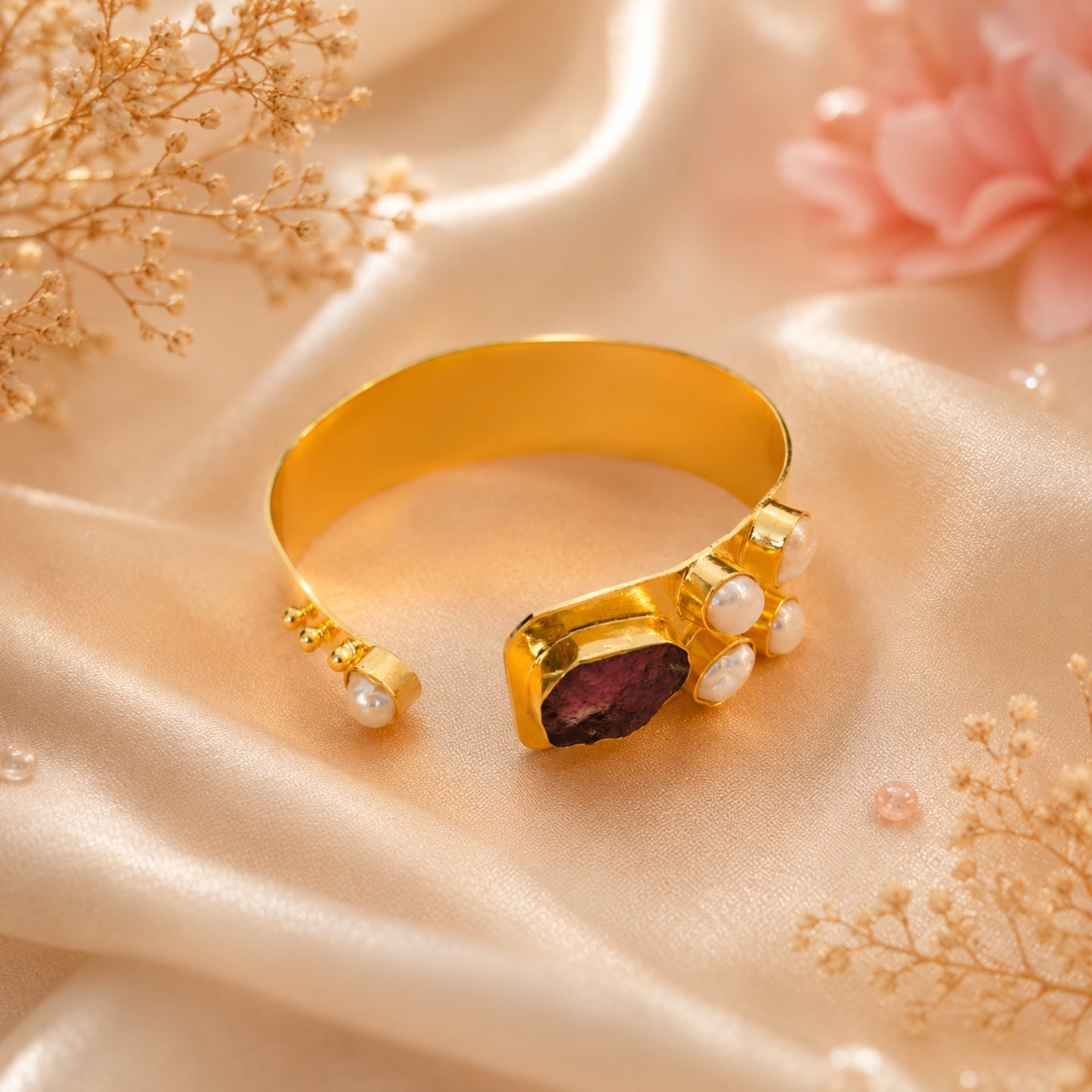 Semi Precious Banagle 18 Kt Gold Plated Pink Tourmaline & Pearl Open Cuff Kada for Women
