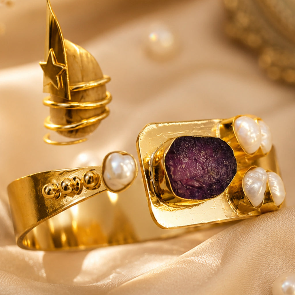 Semi Precious Banagle 18 Kt Gold Plated Pink Tourmaline & Pearl Open Cuff Kada for Women