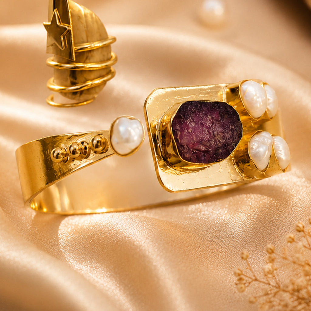 Semi Precious Banagle 18 Kt Gold Plated Pink Tourmaline & Pearl Open Cuff Kada for Women