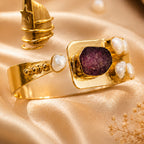 Semi Precious Banagle 18 Kt Gold Plated Pink Tourmaline & Pearl Open Cuff Kada for Women