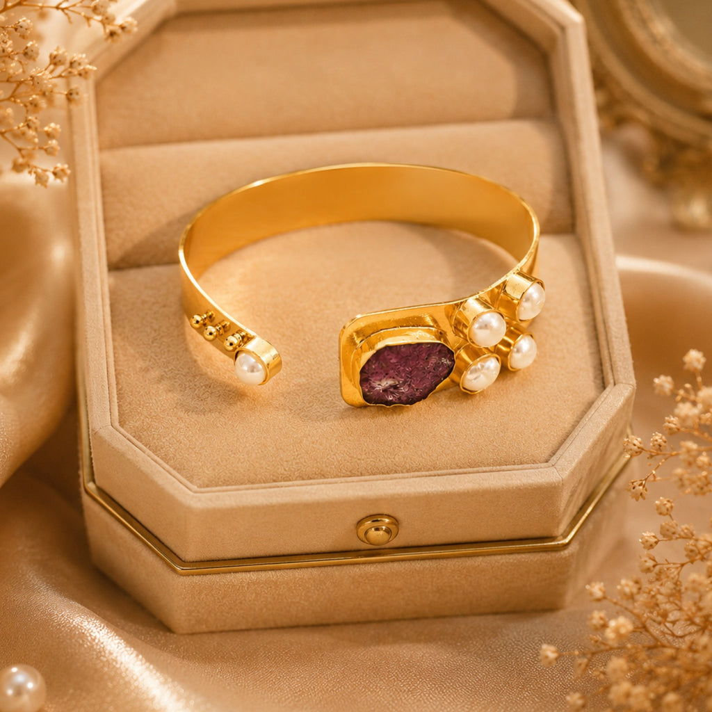 Semi Precious Banagle 18 Kt Gold Plated Pink Tourmaline & Pearl Open Cuff Kada for Women
