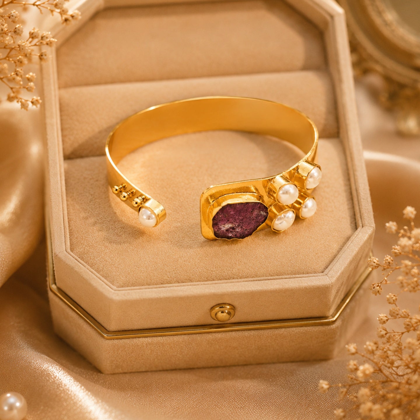 Semi Precious Banagle 18 Kt Gold Plated Pink Tourmaline & Pearl Open Cuff Kada for Women