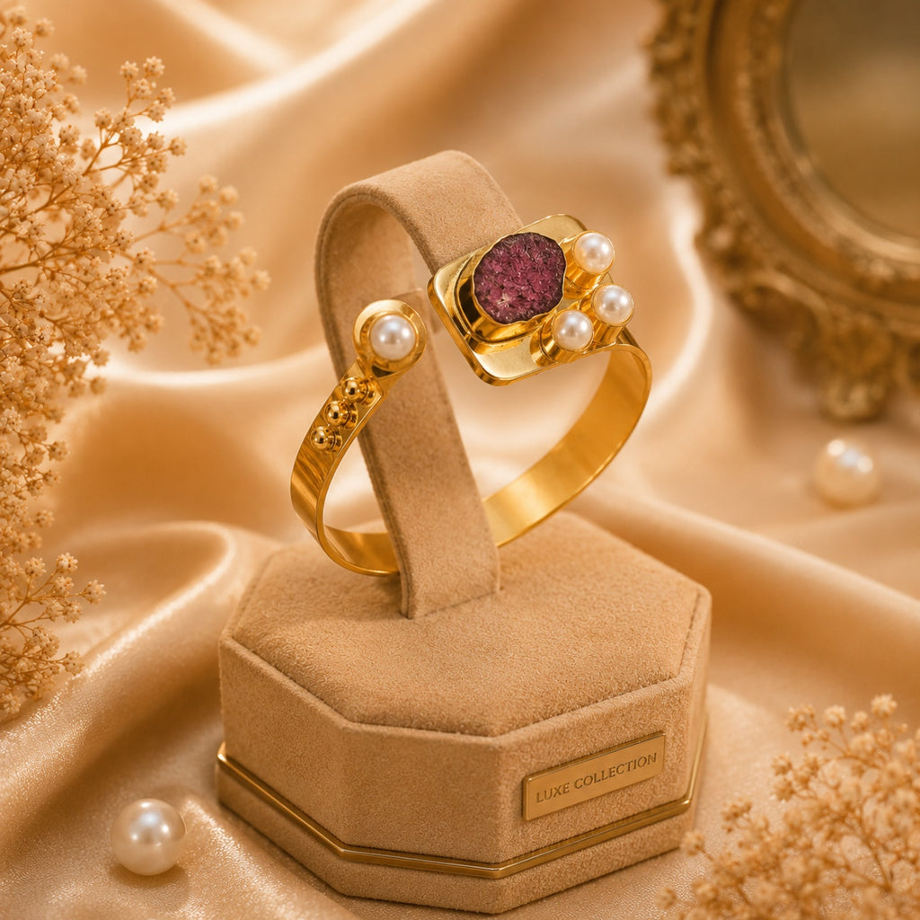 Semi Precious Banagle 18 Kt Gold Plated Pink Tourmaline & Pearl Open Cuff Kada for Women