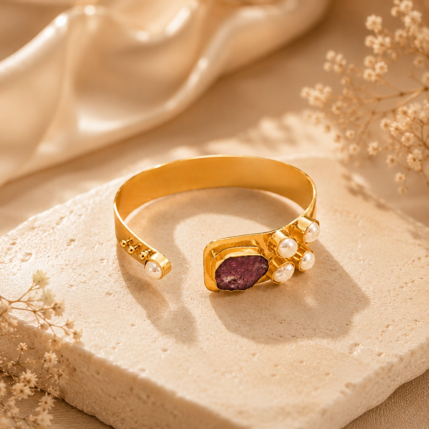 Semi Precious Banagle 18 Kt Gold Plated Pink Tourmaline & Pearl Open Cuff Kada for Women