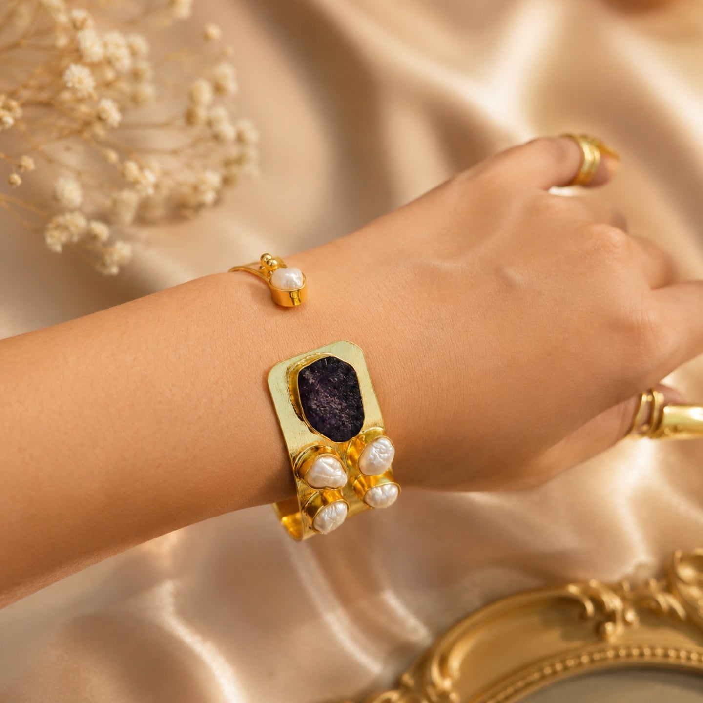 Semi Precious Banagle 18 Kt Gold Plated Pink Tourmaline & Pearl Open Cuff Kada for Women