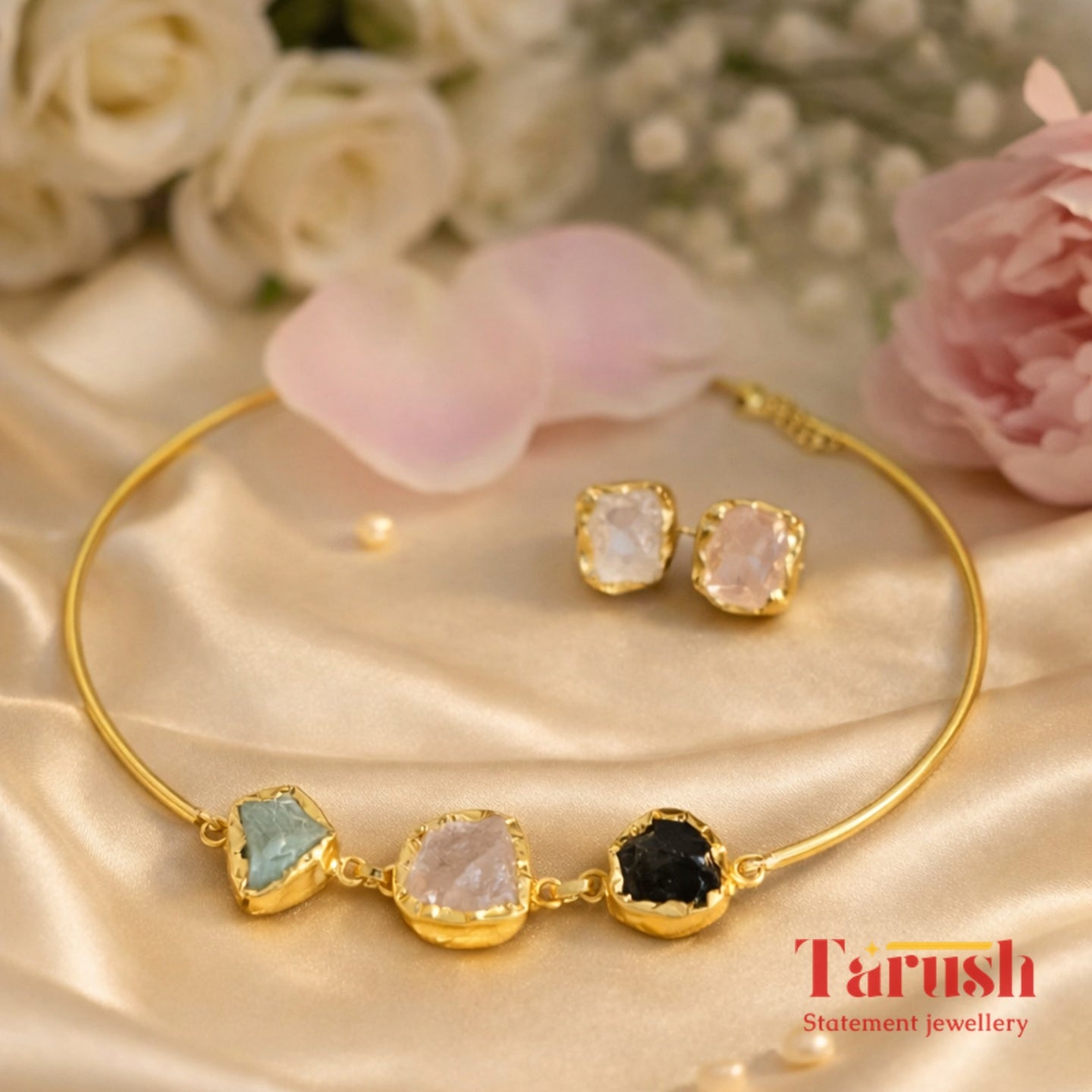 18 Kt Gold Plated Druzy Halsi Set - Stones May Vary From the Pic Semi Precious stone