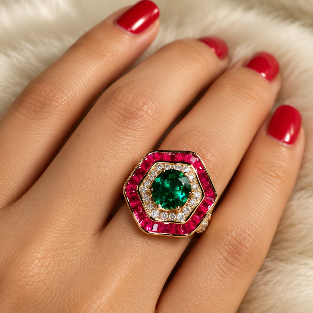 Glamorous Red and Green Diamond Look (DIAMOND REPLICA) Ring | Stainless Steel Anti Tarnish Adjustable Ring