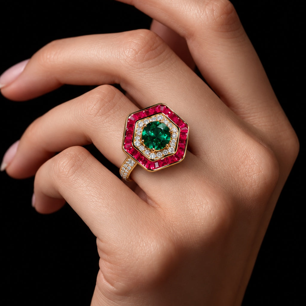 Glamorous Red and Green Diamond Look (DIAMOND REPLICA) Ring | Stainless Steel Anti Tarnish Adjustable Ring