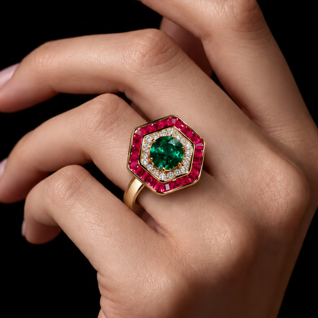 Glamorous Red and Green Diamond Look (DIAMOND REPLICA) Ring | Stainless Steel Anti Tarnish Adjustable Ring