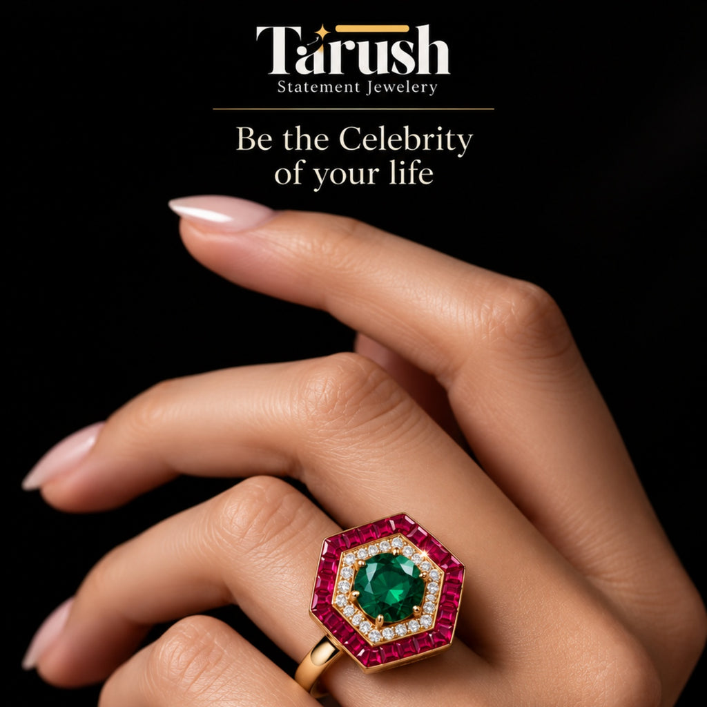 Glamorous Red and Green Diamond Look (DIAMOND REPLICA) Ring | Stainless Steel Anti Tarnish Adjustable Ring