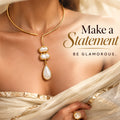 White stone drop with Mother of perl real stones, 18 Kt Gold Plated Pearl & White Stone Pendant Hasli Statement Necklace without earrings for Women