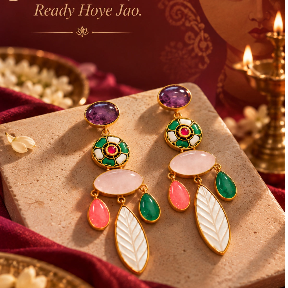 Mosaic Bloom Earrings - 18 Kt Gold Pated - Decorated with Precious stones and Kundans for that royal and elegant look - Perfect for all occasions