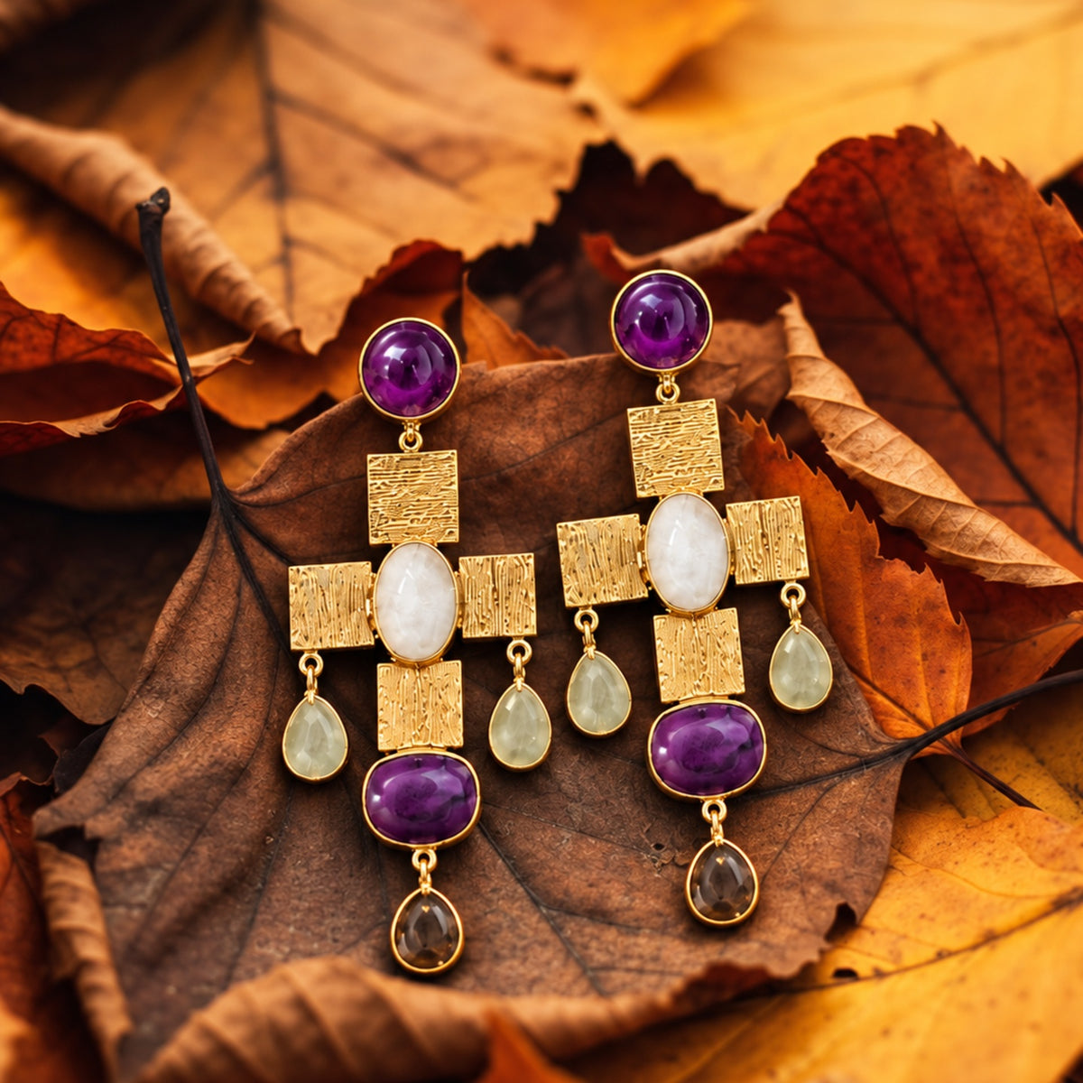 Tarush Multi-Stone Geometric Drop Earrings - Indo-Western Statement Jewellery - (STONES COLOURS MAY VARY)