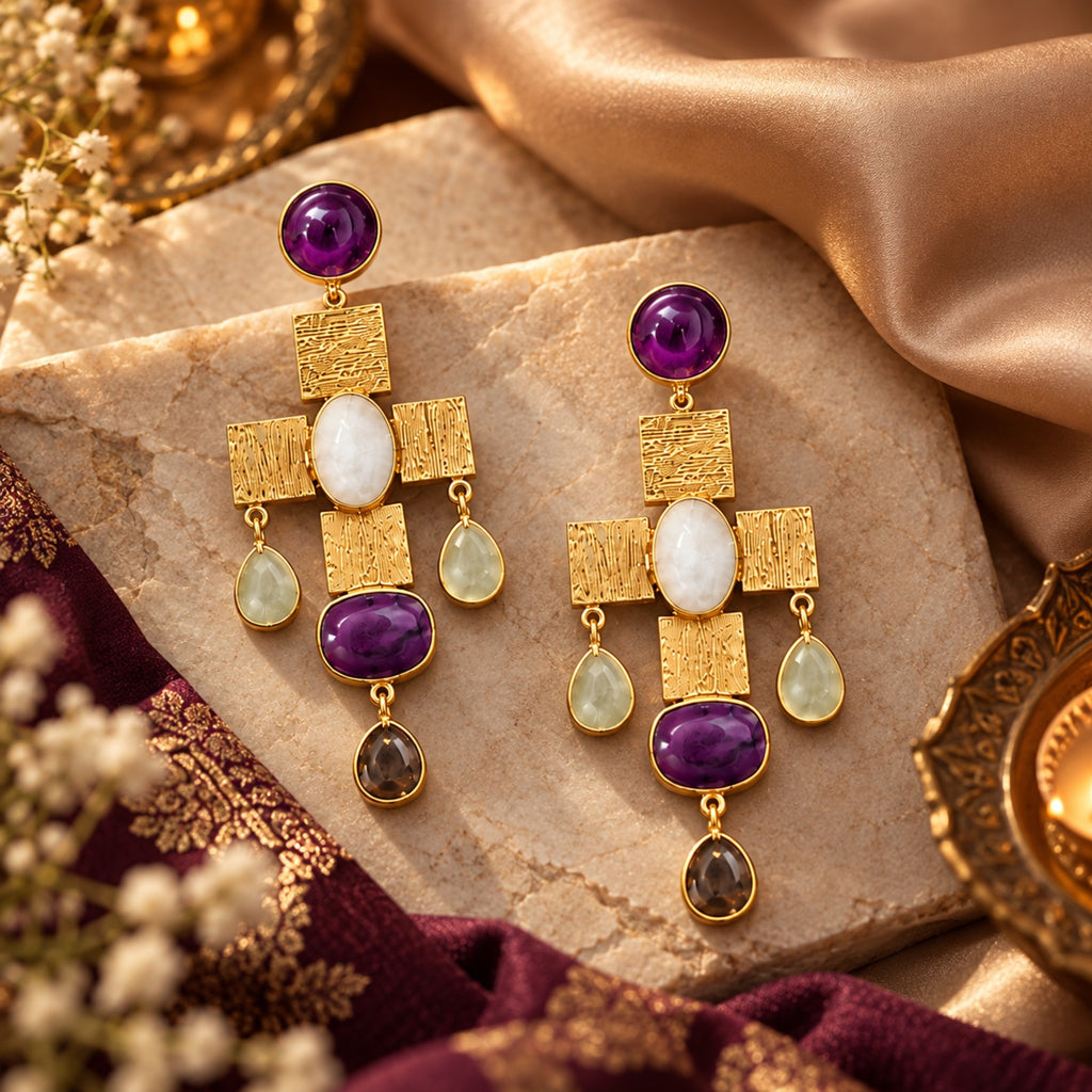 Tarush Multi-Stone Geometric Drop Earrings - Indo-Western Statement Jewellery - (STONES COLOURS MAY VARY)