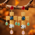 Tarush Multi-Stone Geometric Drop Earrings - Indo-Western Statement Jewellery - (STONES COLOURS MAY VARY)