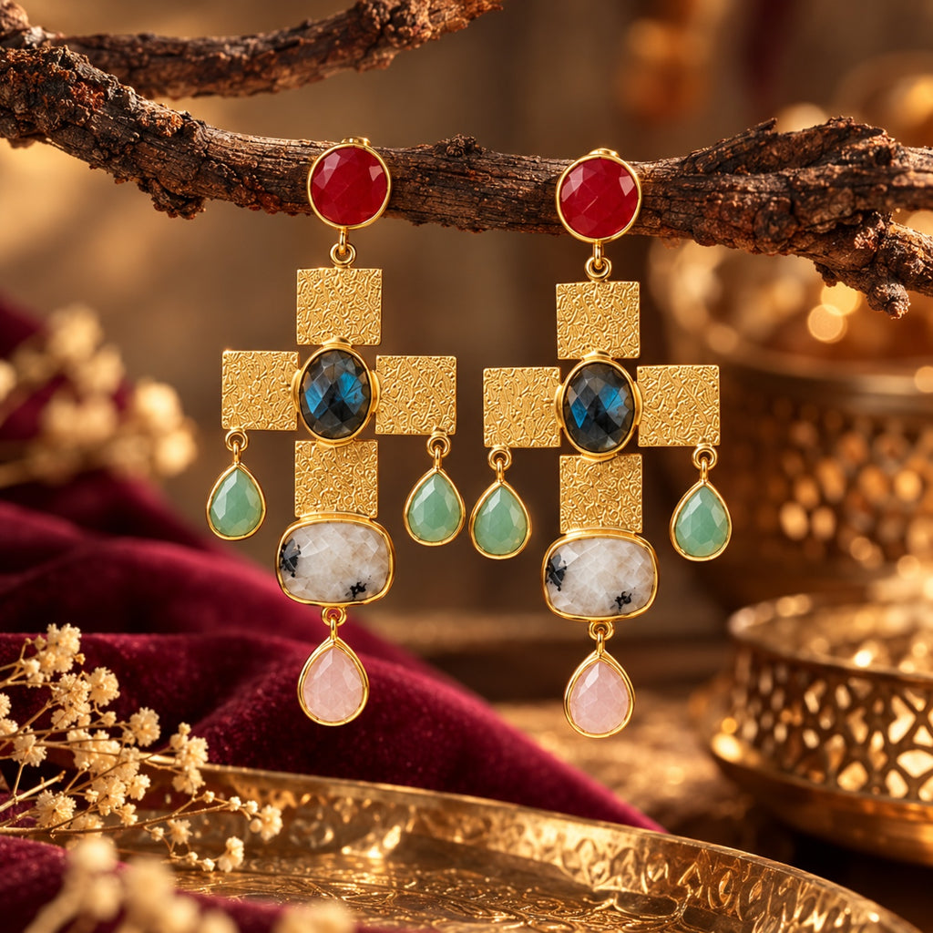 Tarush Multi-Stone Geometric Drop Earrings - Indo-Western Statement Jewellery - (STONES COLOURS MAY VARY)