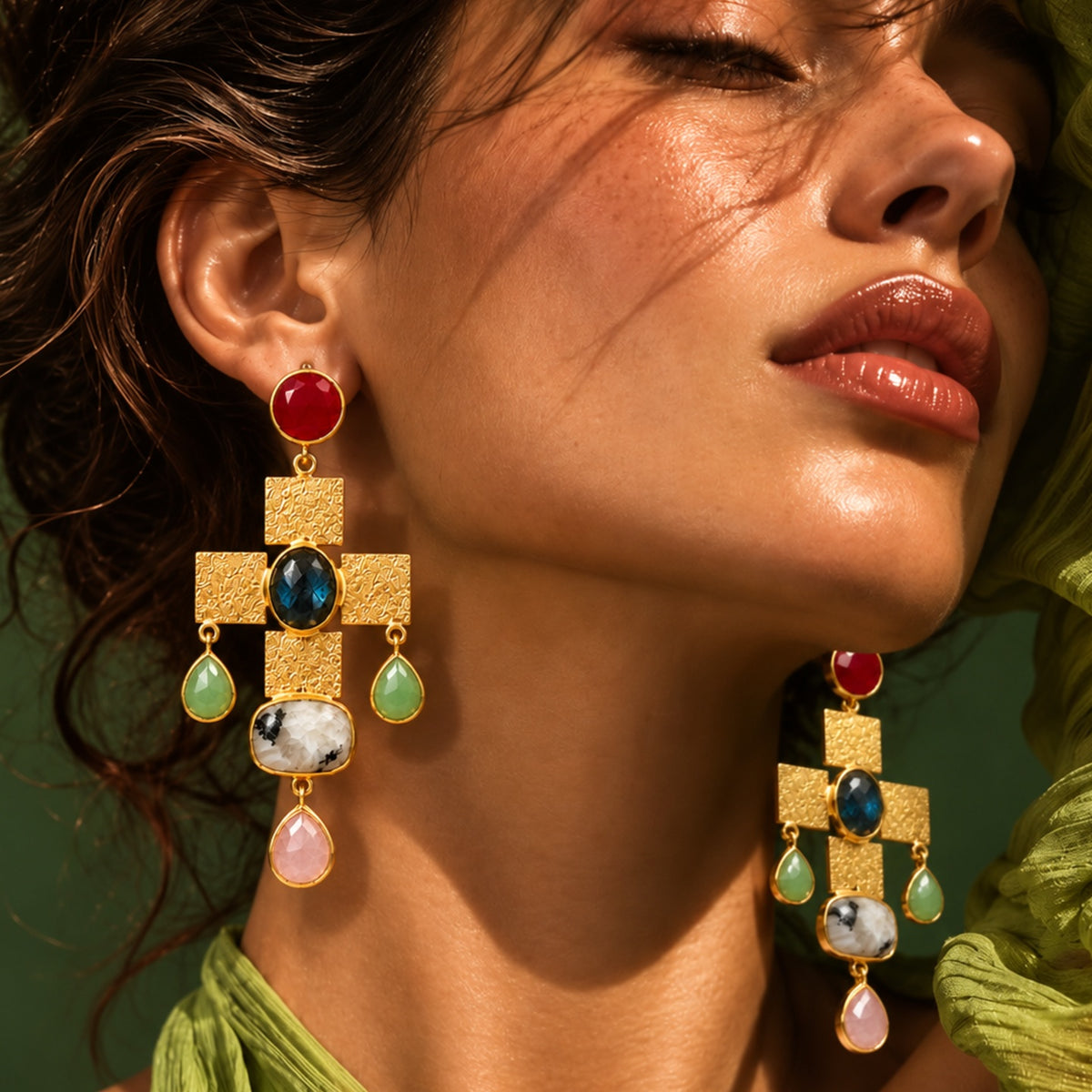 Tarush Multi-Stone Geometric Drop Earrings - Indo-Western Statement Jewellery - (STONES COLOURS MAY VARY)