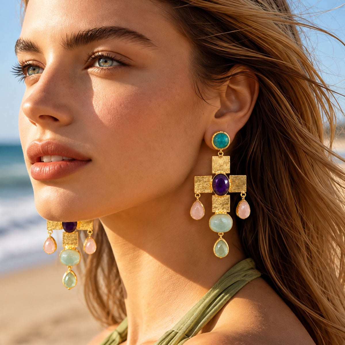 Tarush Multi-Stone Geometric Drop Earrings - Indo-Western Statement Jewellery - (STONES COLOURS MAY VARY)