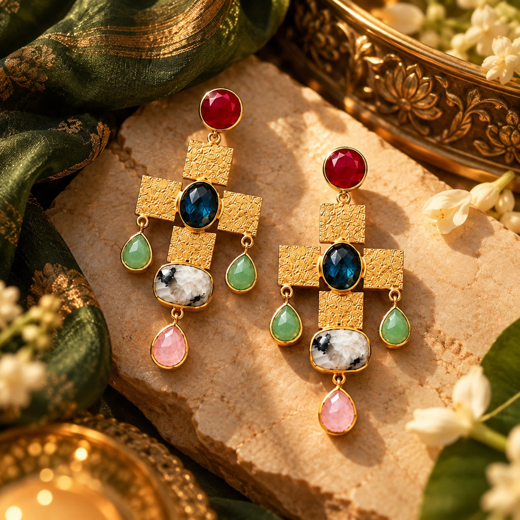 Tarush Multi-Stone Geometric Drop Earrings - Indo-Western Statement Jewellery - (STONES COLOURS MAY VARY)