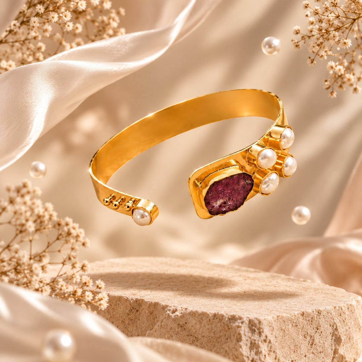 Semi Precious Banagle 18 Kt Gold Plated Pink Tourmaline & Pearl Open Cuff Kada for Women