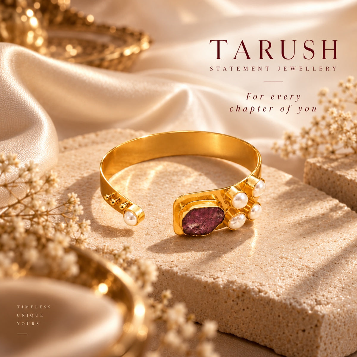 Semi Precious Banagle 18 Kt Gold Plated Pink Tourmaline & Pearl Open Cuff Kada for Women