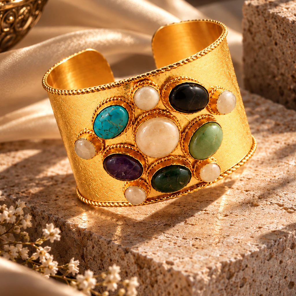 Imperial Gemstone Cuff - 18 Kt Gold Pated - Decorated with Precious Stones - Perfect for all occasions - Adjustable and anti tarnish