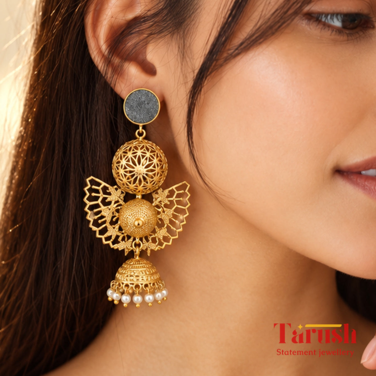18 Kt Gold Plated, Brass, Blue Butterfly Jhumka Earring - Look Glamorous with These Blue Jhumkas Semi Precious stone