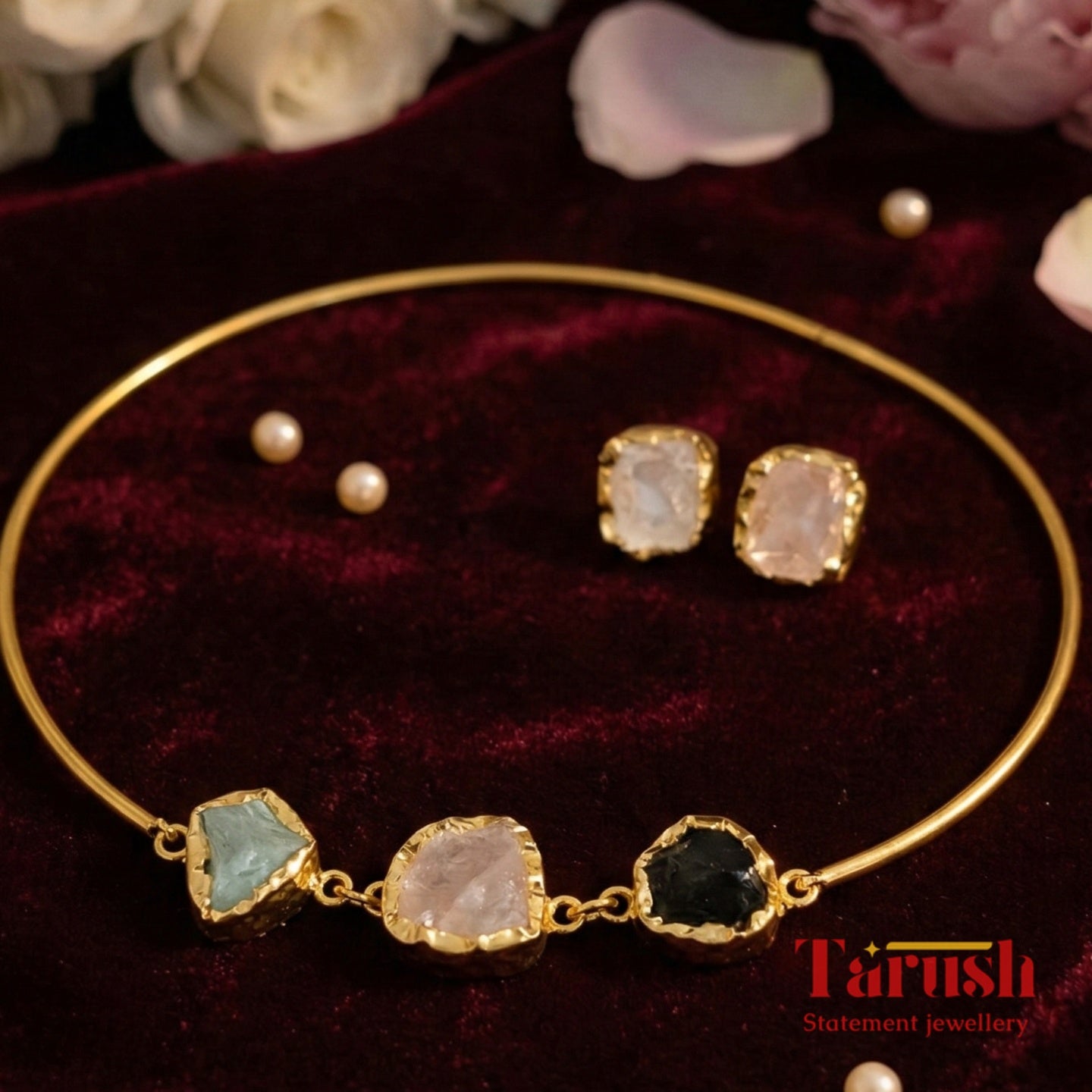 18 Kt Gold Plated Druzy Halsi Set - Stones May Vary From the Pic Semi Precious stone