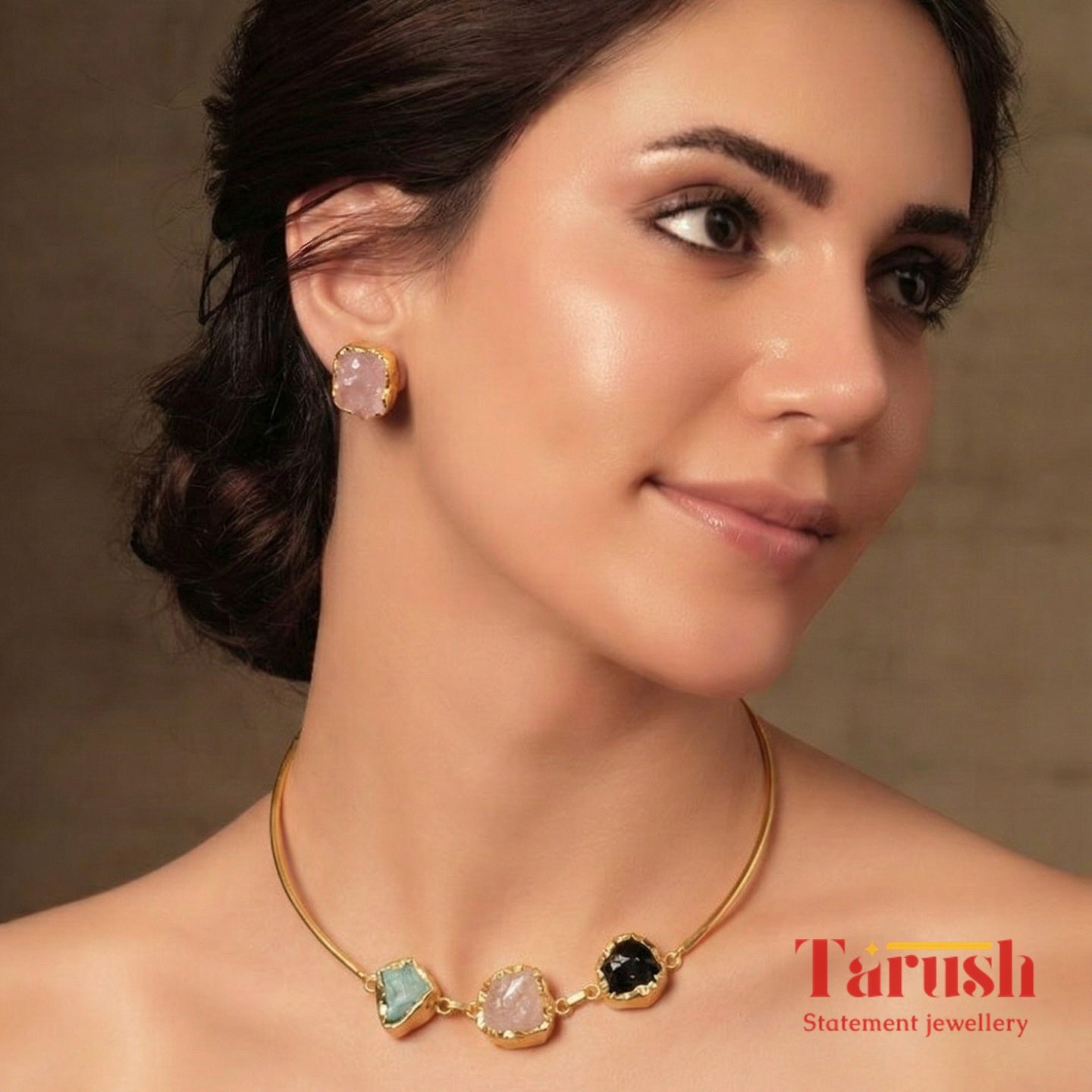 18 Kt Gold Plated Druzy Halsi Set - Stones May Vary From the Pic Semi Precious stone