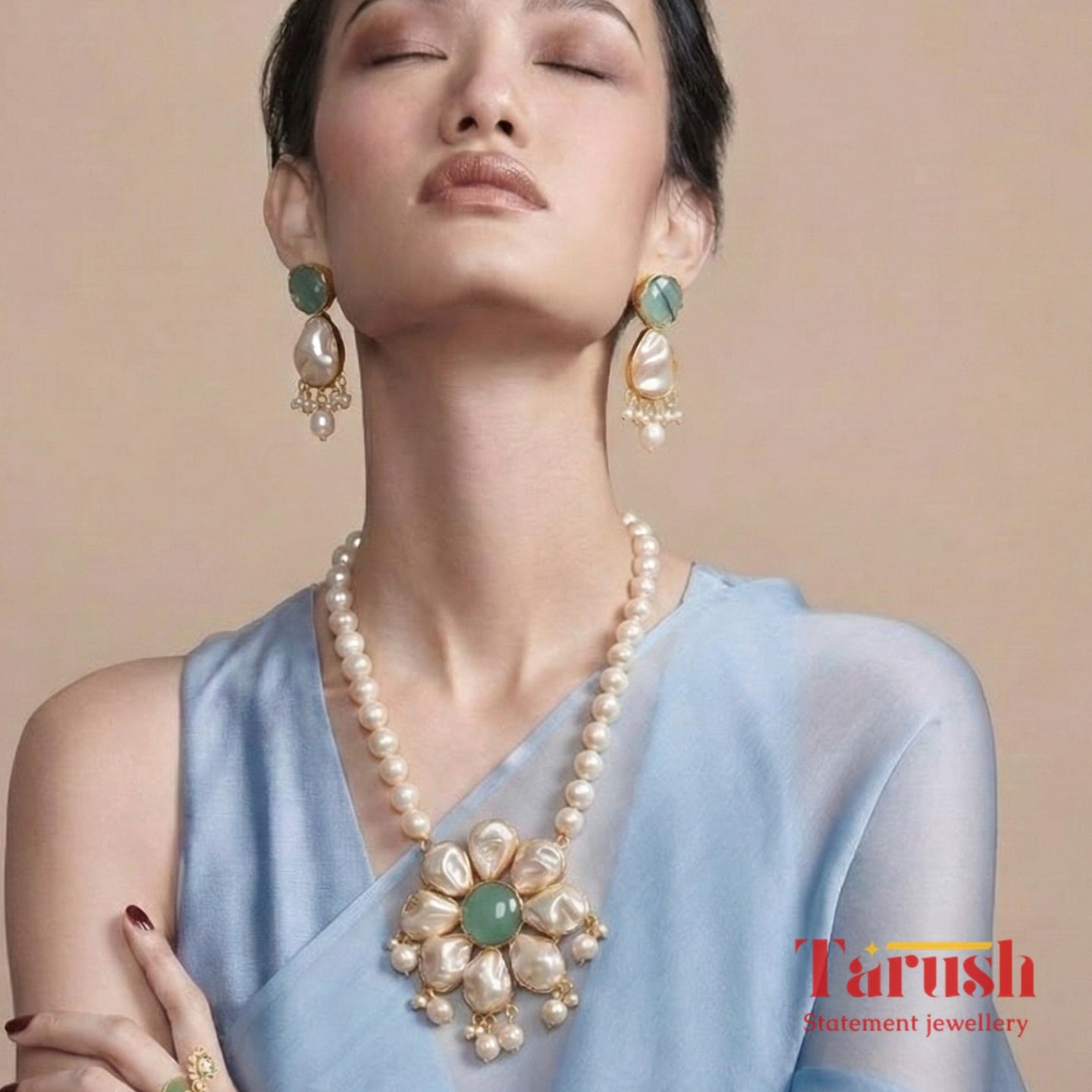 18 Kt Gold Plated Pearl Necklace with braclet Semi Precious stone