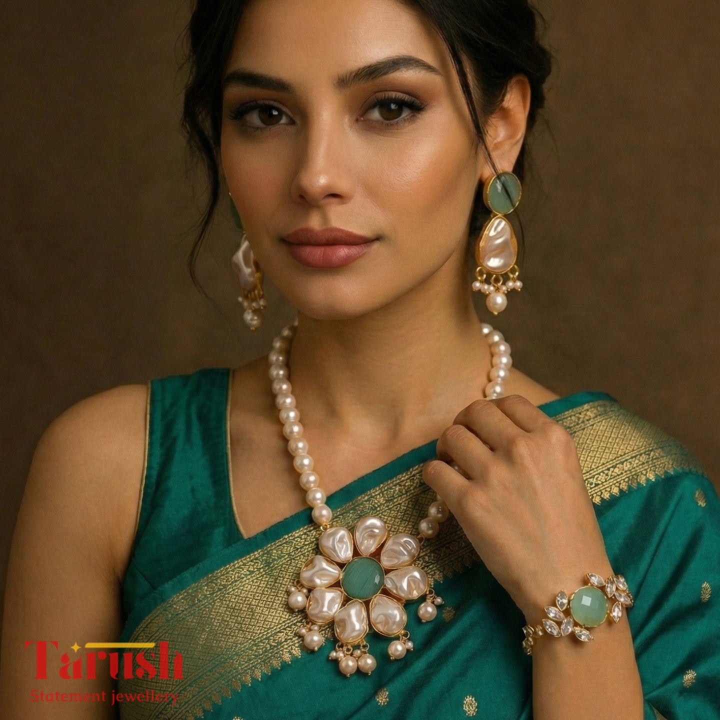 18 Kt Gold Plated Pearl Necklace with braclet Semi Precious stone