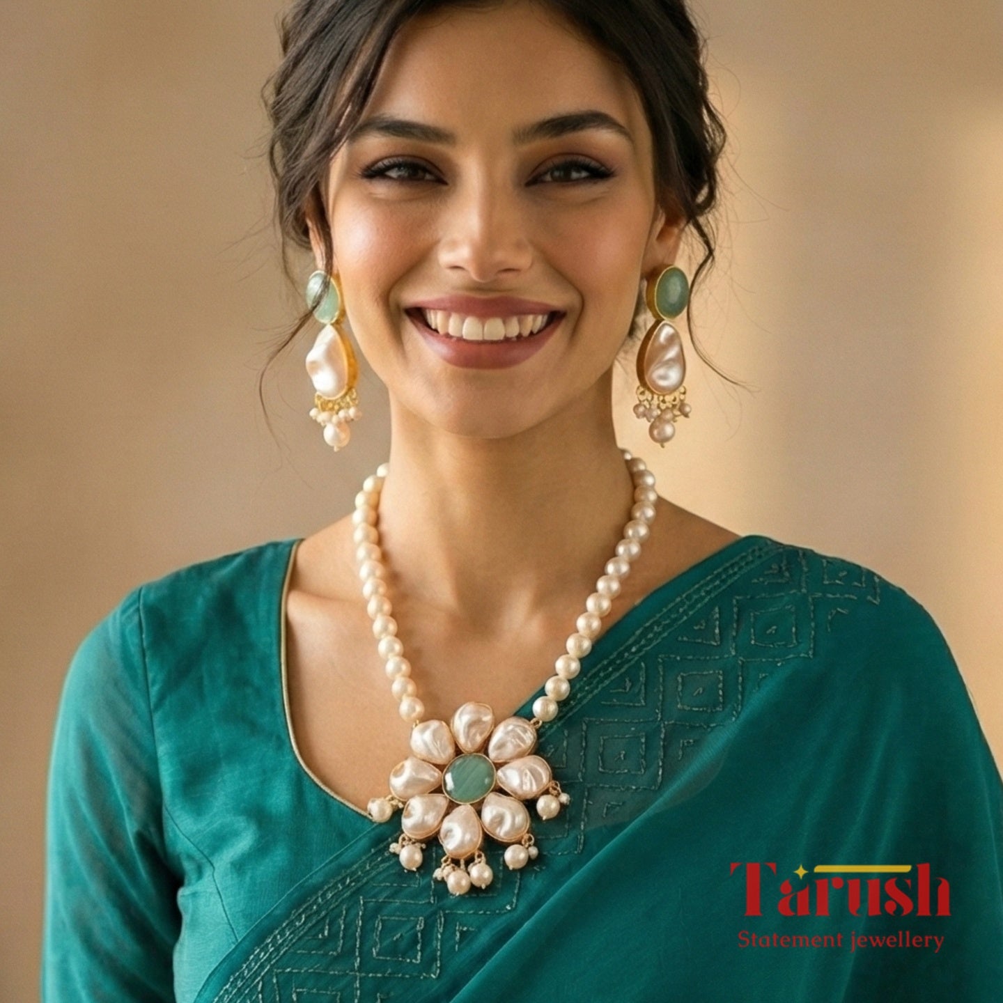 18 Kt Gold Plated Pearl Necklace with braclet Semi Precious stone