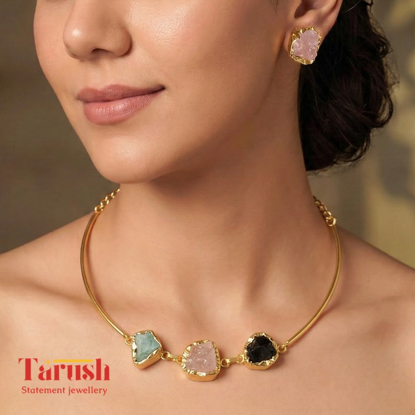 18 Kt Gold Plated Druzy Halsi Set - Stones May Vary From the Pic Semi Precious stone