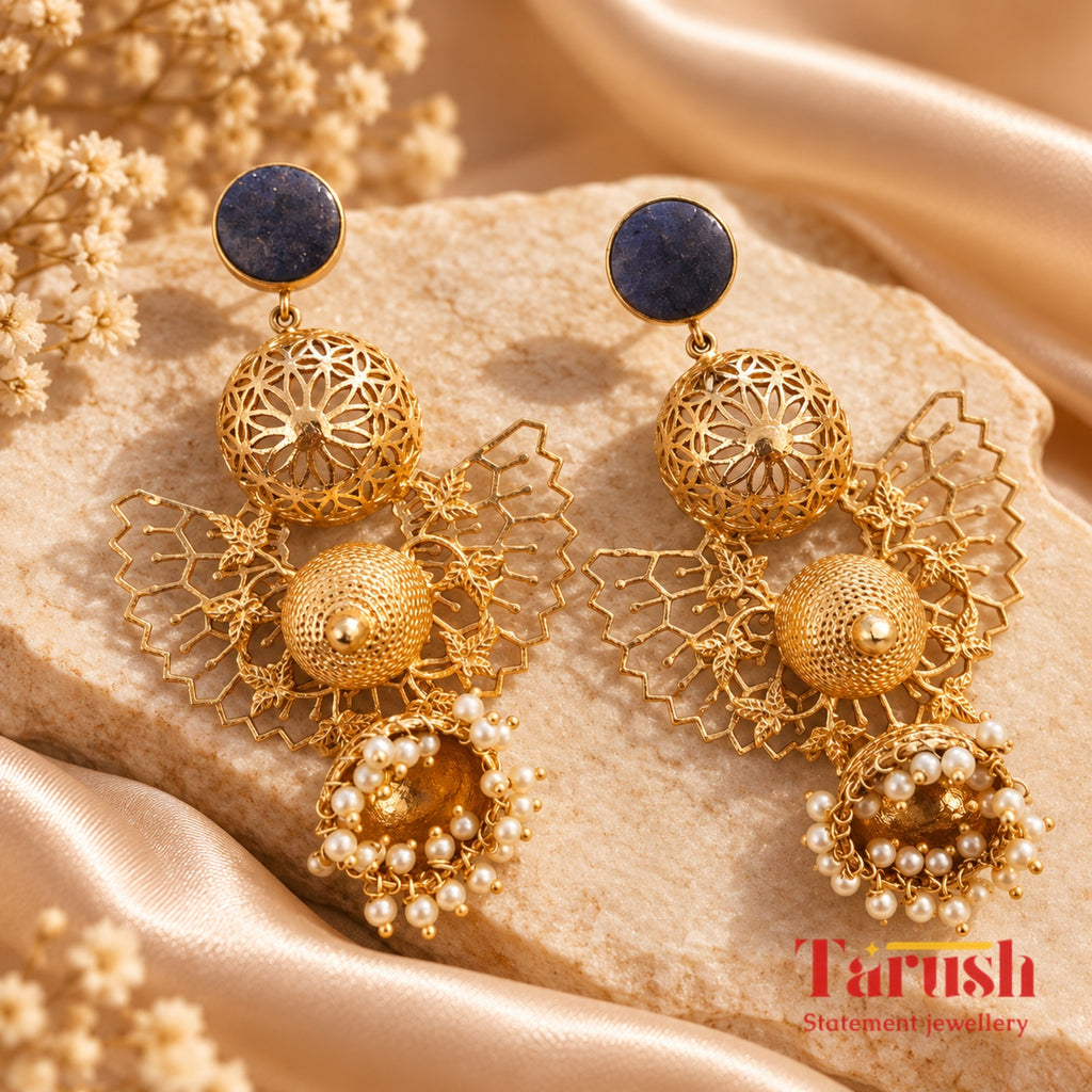 18 Kt Gold Plated, Brass, Blue Butterfly Jhumka Earring - Look Glamorous with These Blue Jhumkas Semi Precious stone