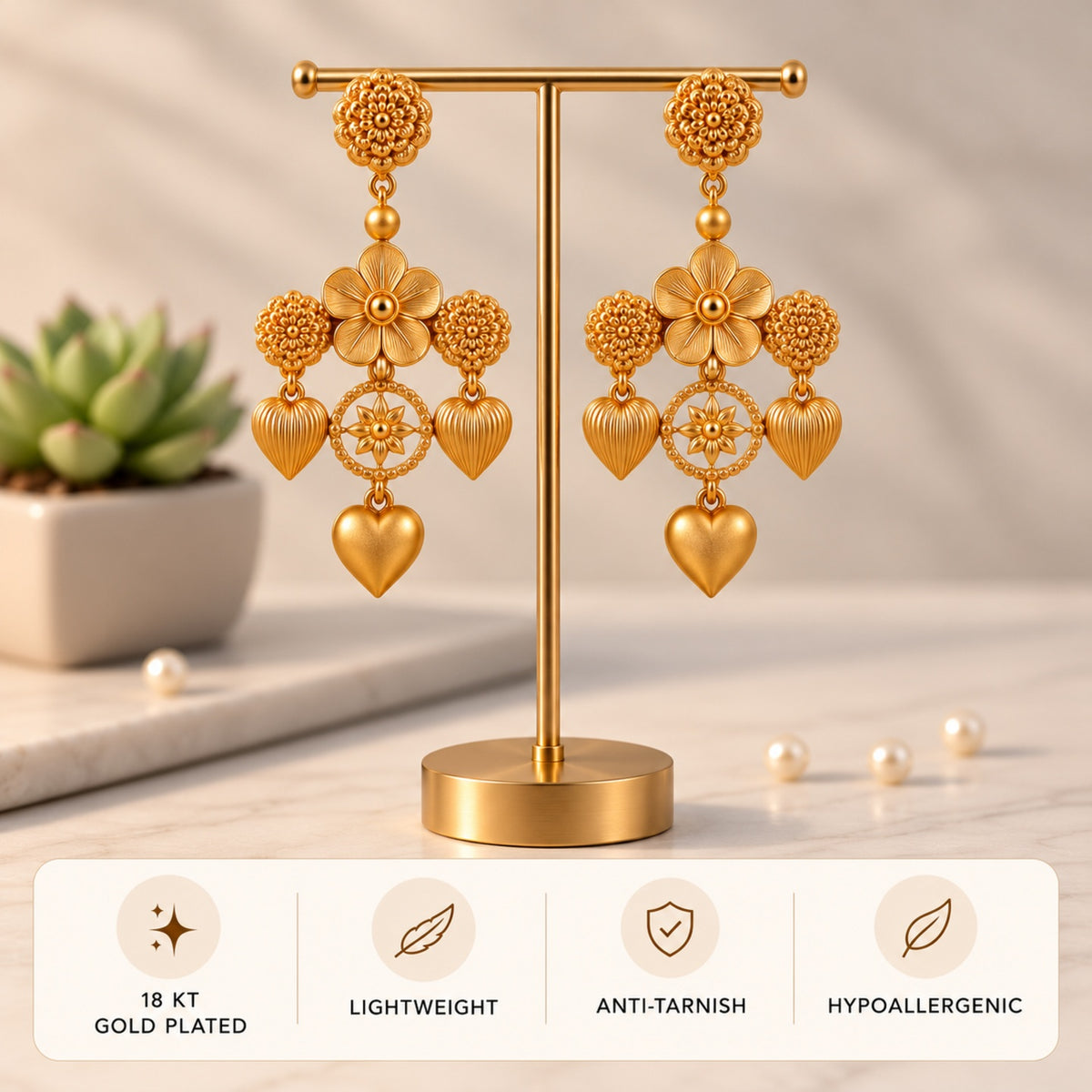 The Golden Hearts Earrings - 18 Kt Gold Plated Light weight - Dangling Ear Cuffs - Make A Statement