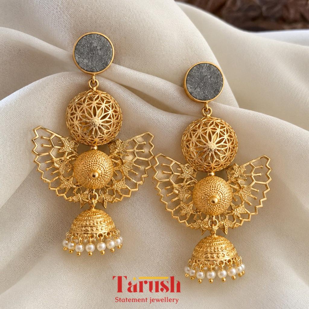 18 Kt Gold Plated, Brass, Blue Butterfly Jhumka Earring - Look Glamorous with These Blue Jhumkas Semi Precious stone