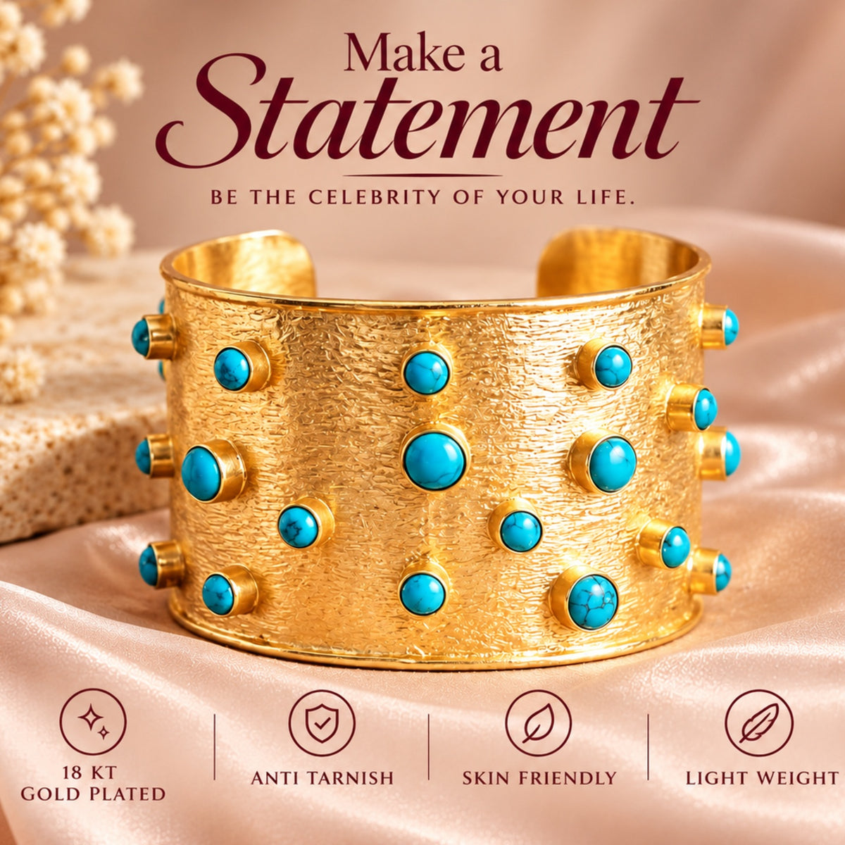 18 Kt Gold Plated Turquoise kada Semi Precious stone - anti tarnish - statement bangle