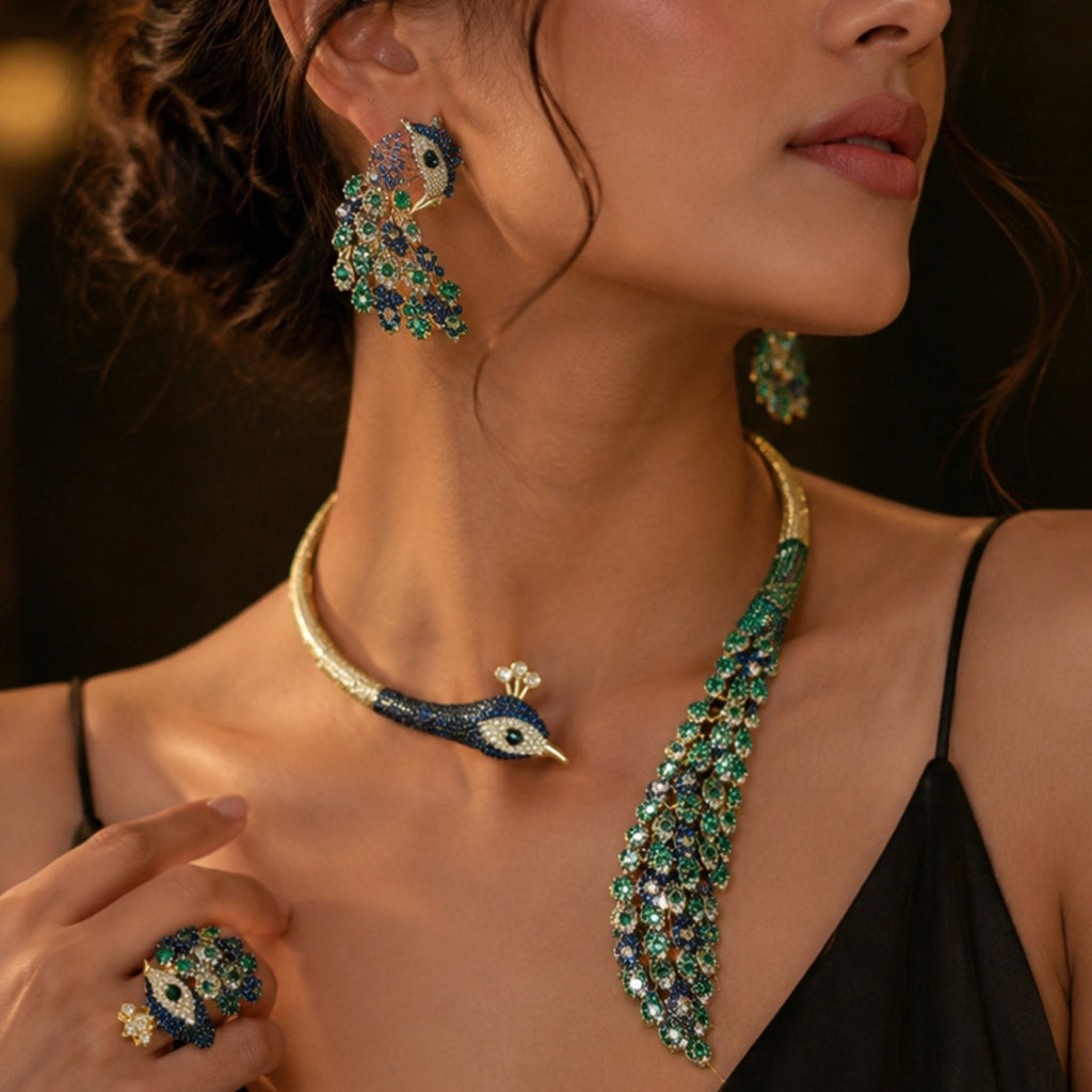 Royal Peacock Statement Jewelry Set | Nano setting Necklace, Earrings , bracelet & Adjustable Ring Set for Women